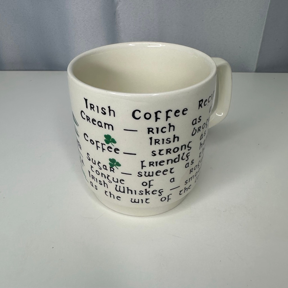 Vintage Carrigaline Republic of Ireland Irish Coffee Recipe Mug w/ Shamrocks